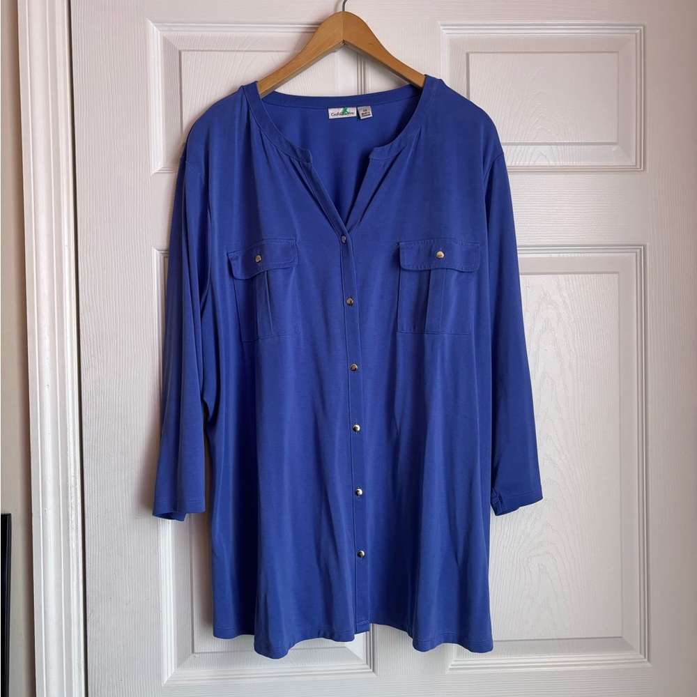 Blue Relaxed 3/4 Sleeve Button Down Shirt